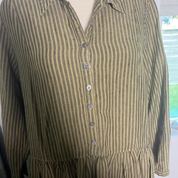 Homefrocks Womens Dress Sz L Olive Brown Stripe Luxe Artisan Linen Made in USA - Picture 3 of 12